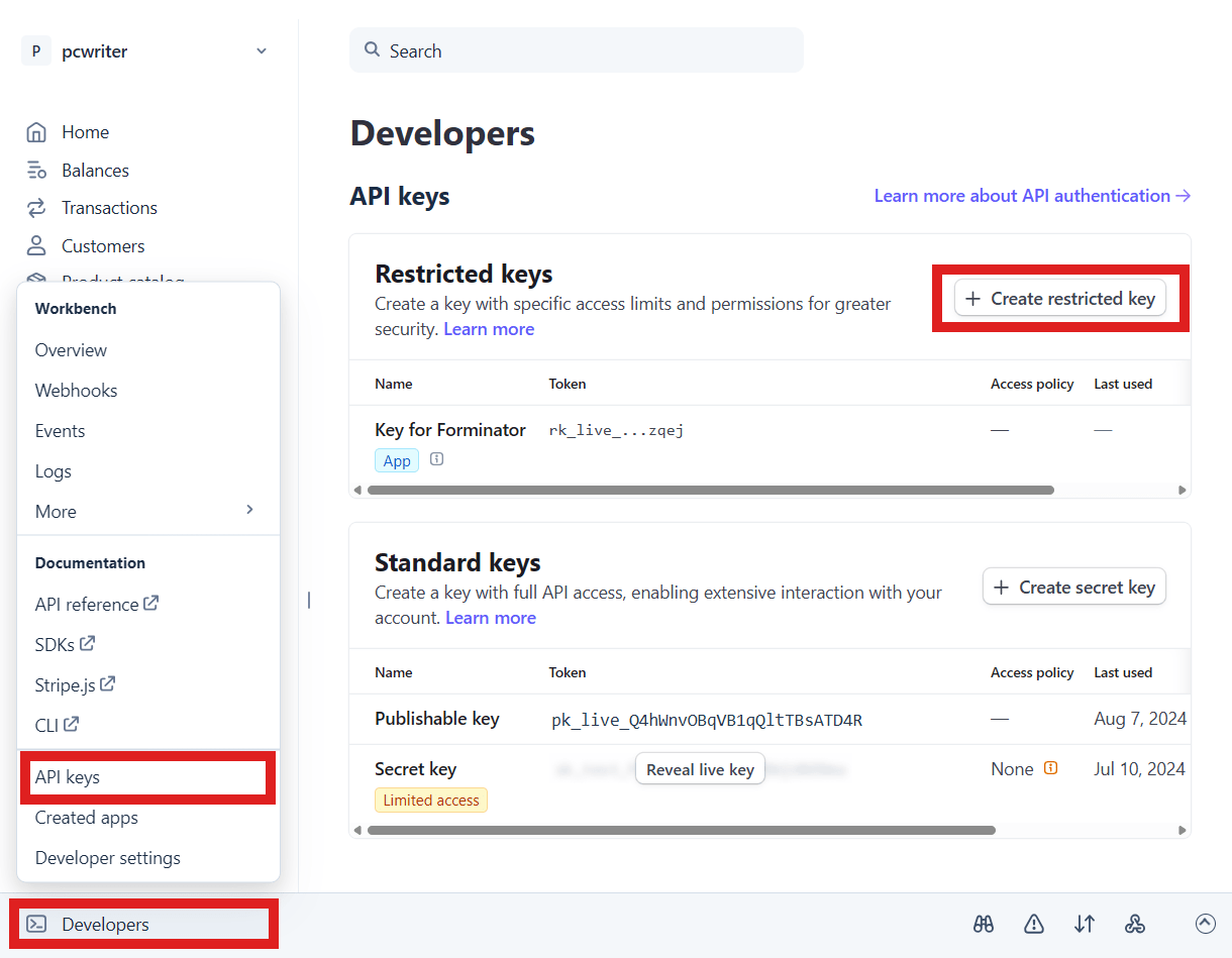 Manually create API keys for Forminator app at Stripe