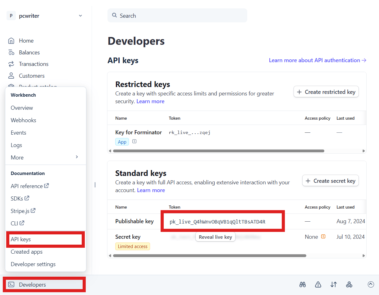Manually create API keys for Forminator app at Stripe