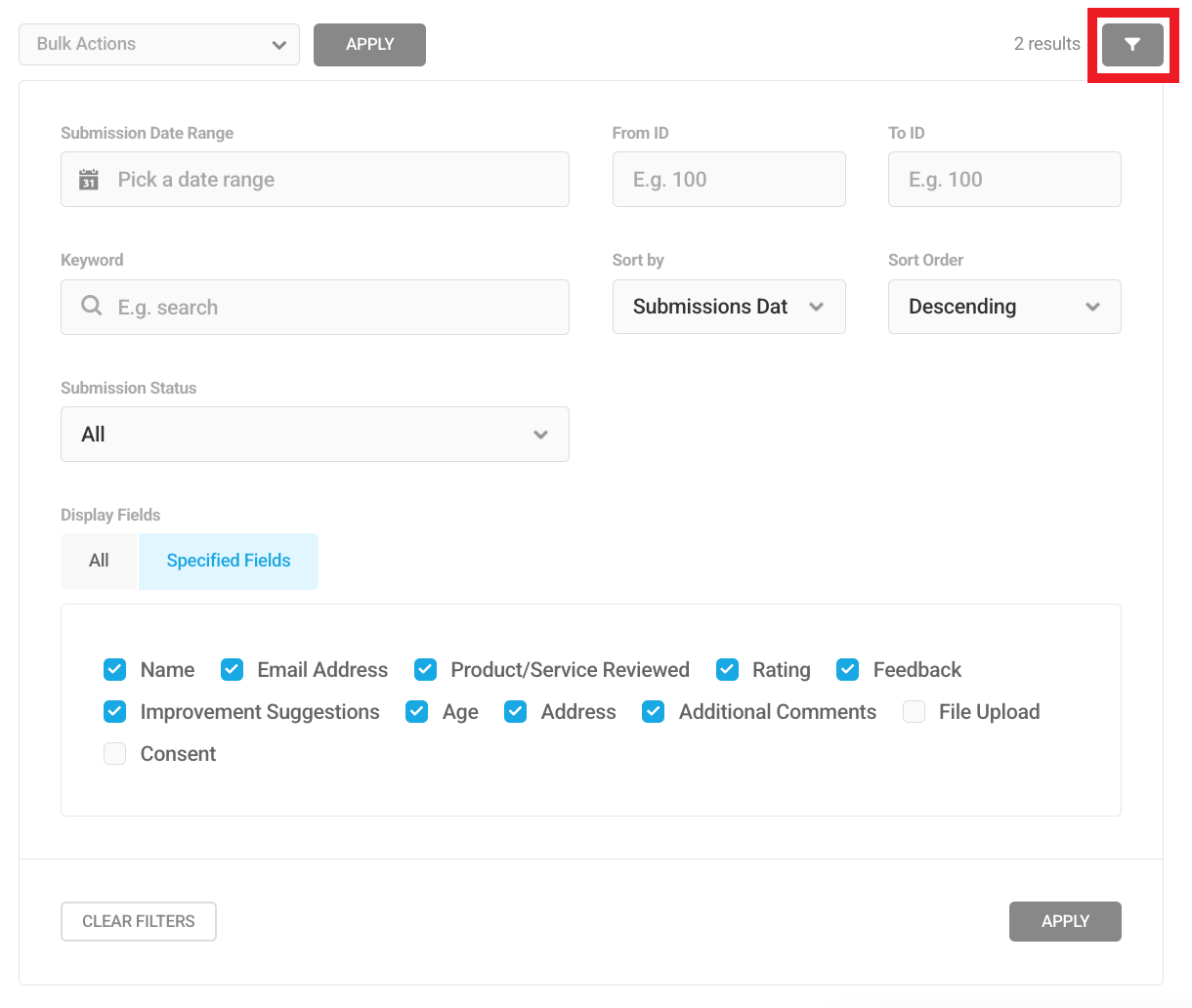 Filter form submission display in Forminator