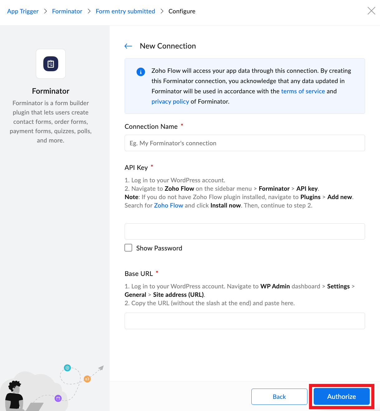 Connect Zoho Flow to a site via API