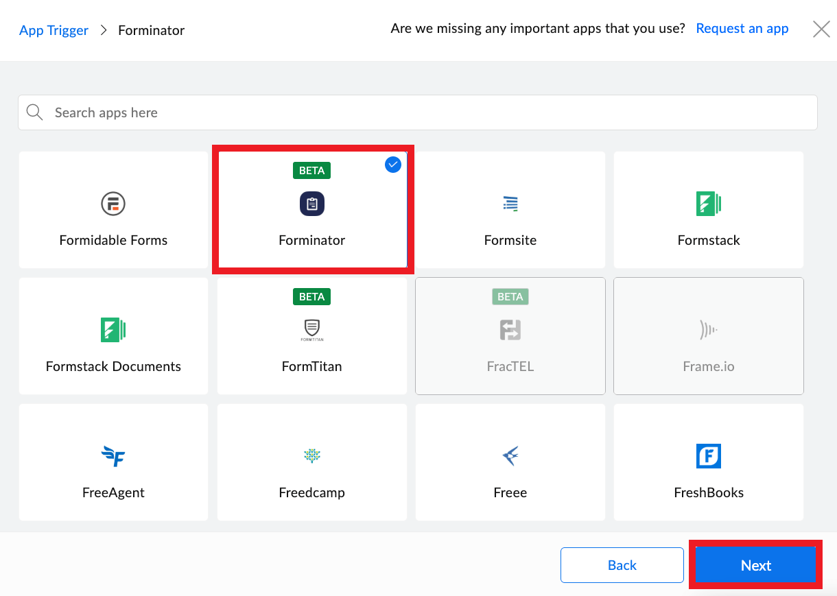 Select to use Forminator as the trigger in a Zoho flow