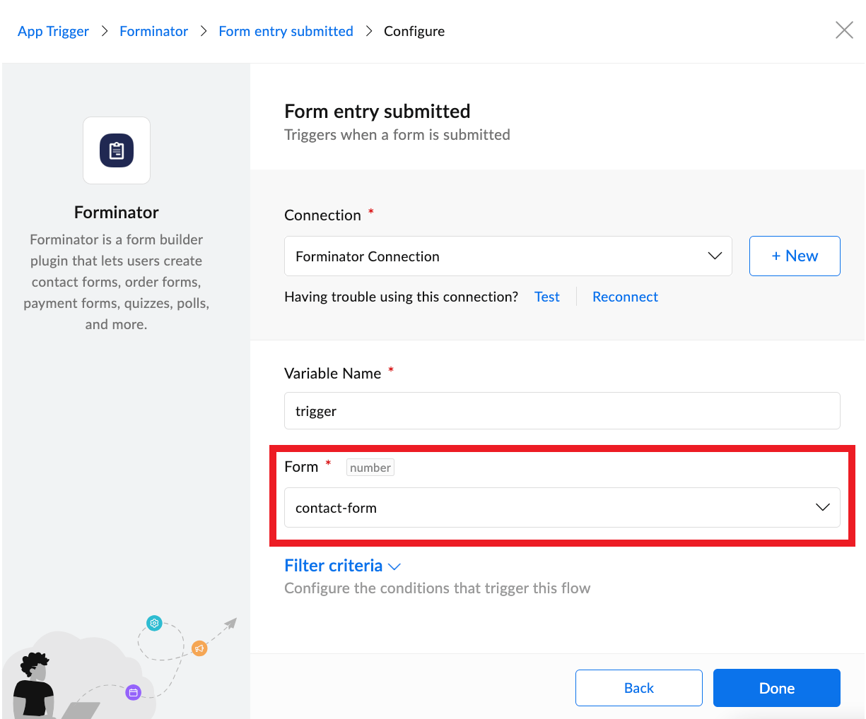 Select the form, poll or quiz as the trigger in a Zoho flow