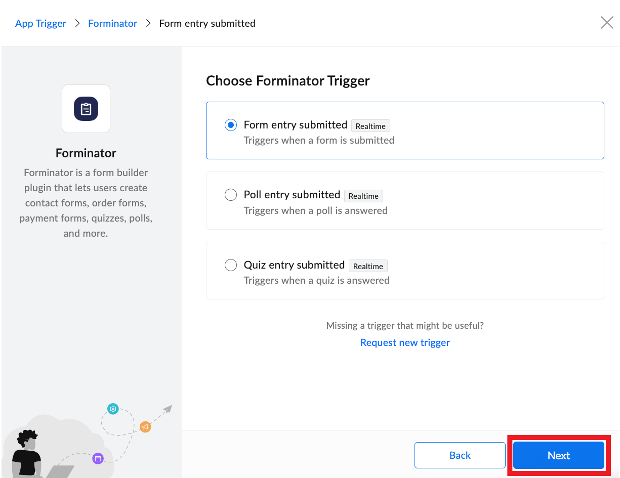 Select a Forminator form, poll or quiz as the trigger in a Zoho flow