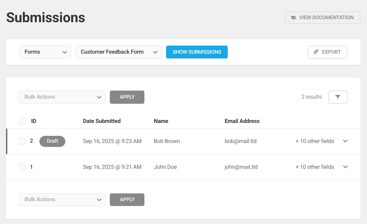 View list of form submissions in Forminator