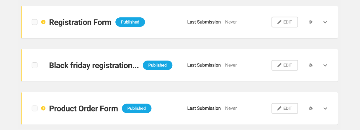 Warning icon appearing next to forms with issues