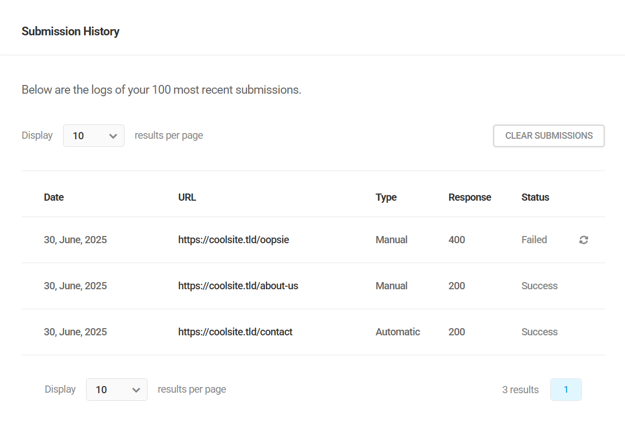 Instant Indexing submission history in SmartCrawl