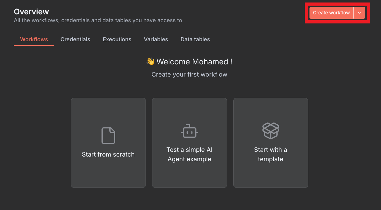 Create a new workflow in n8n