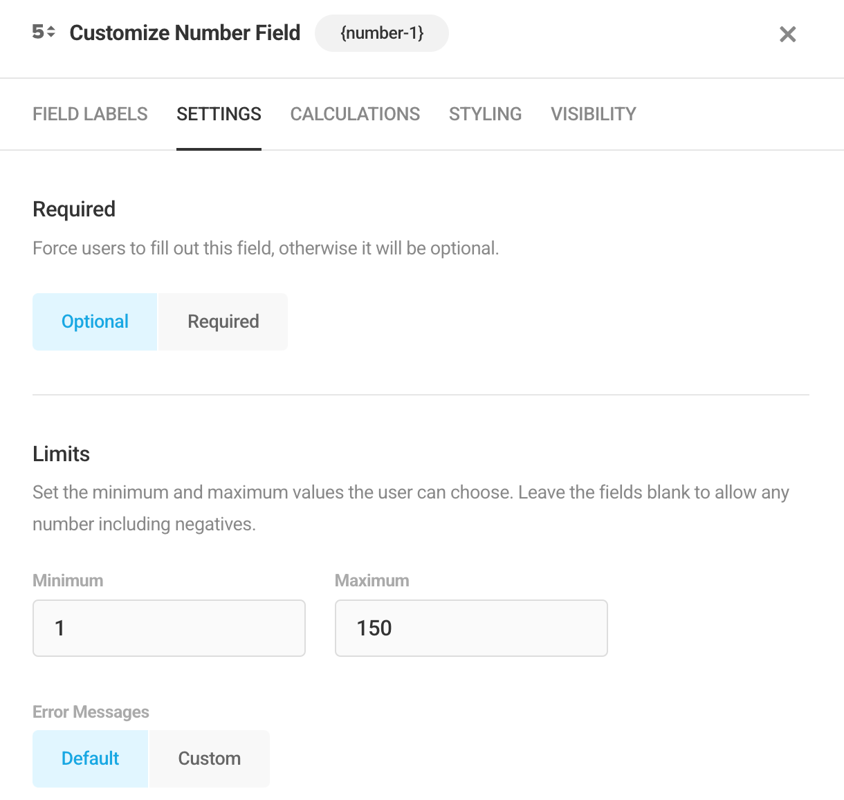 Edit Number field settings in Forminator