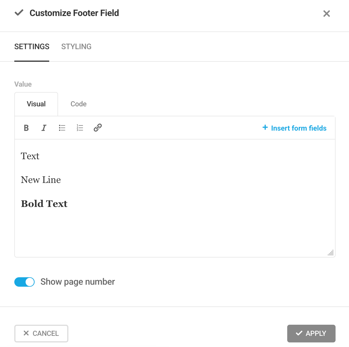 pdf footer settings