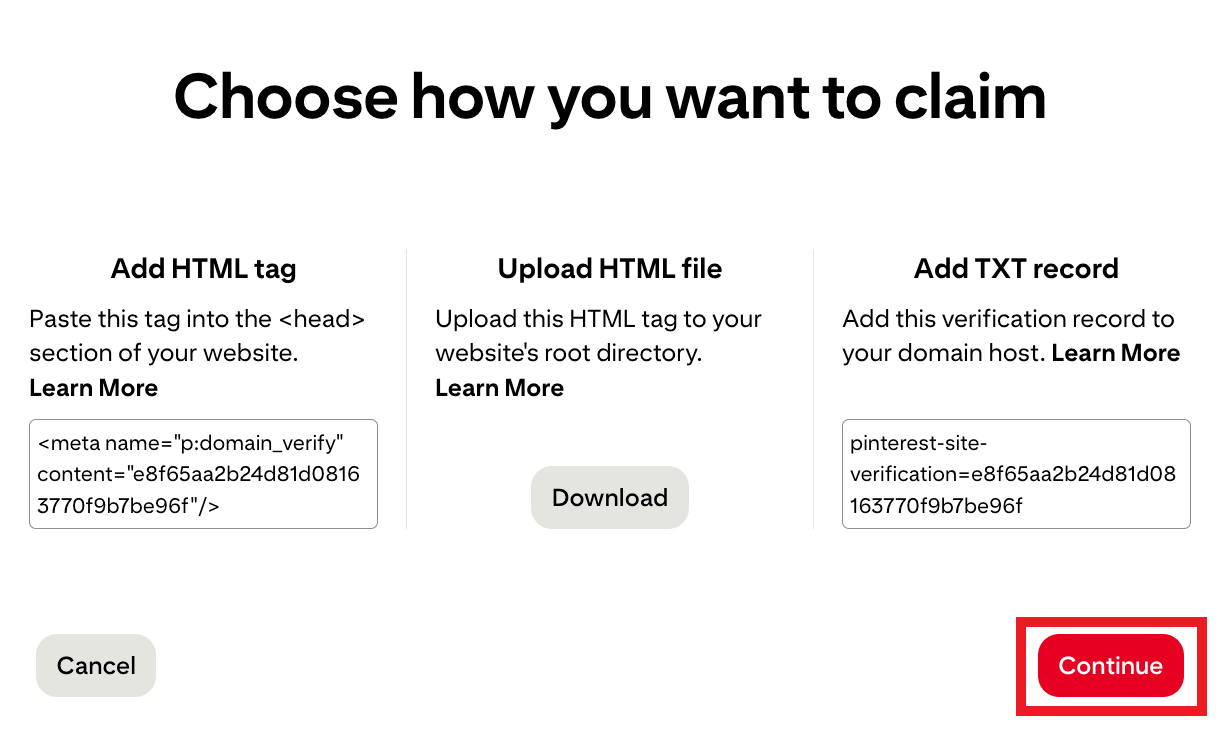 Click the continue button on Pinterest to proceed with the verification process