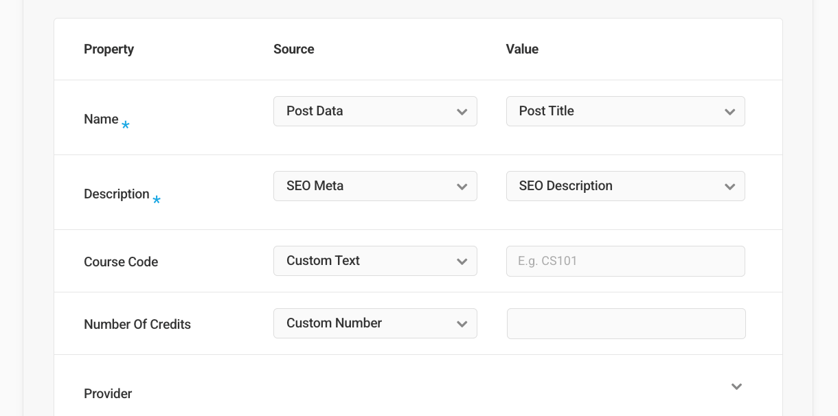 Course schema type default properties