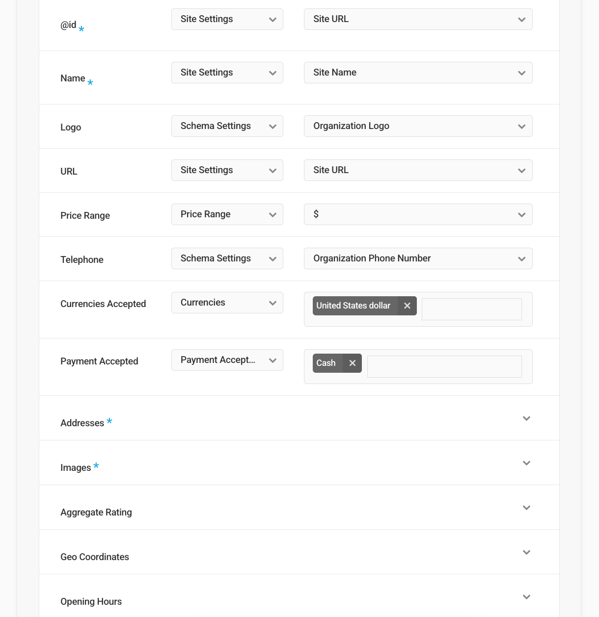 Local Business schema default properties