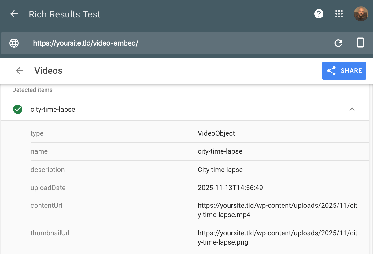 Video schema in Google Rich Results Test
