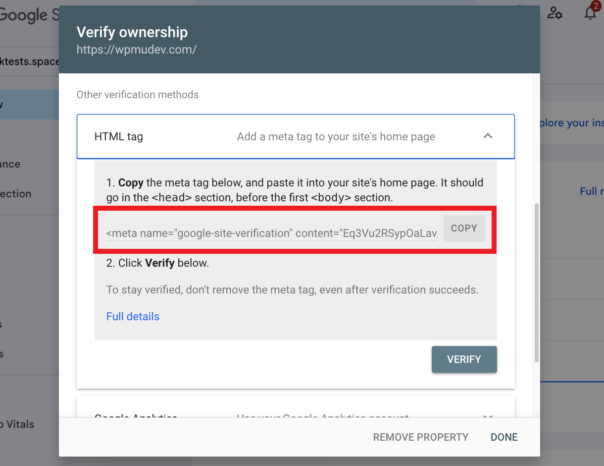 Verify meta tag in Google Search Console