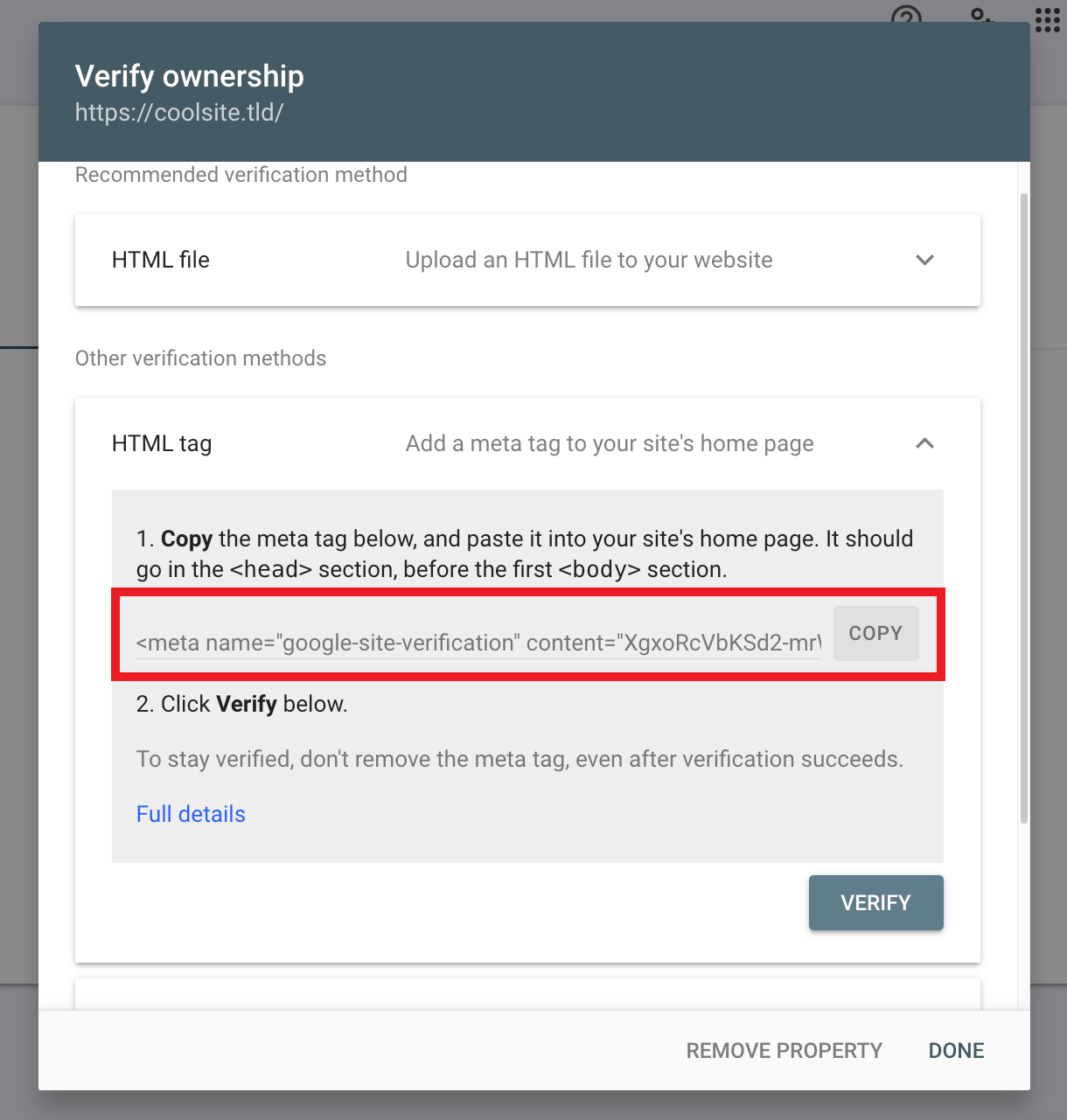 Copy meta tag from Google Search Console