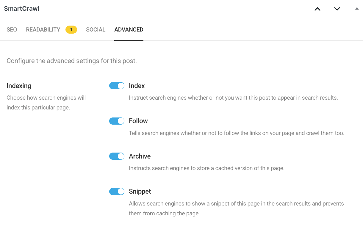 Advanced SmartCrawl settings in the post editor