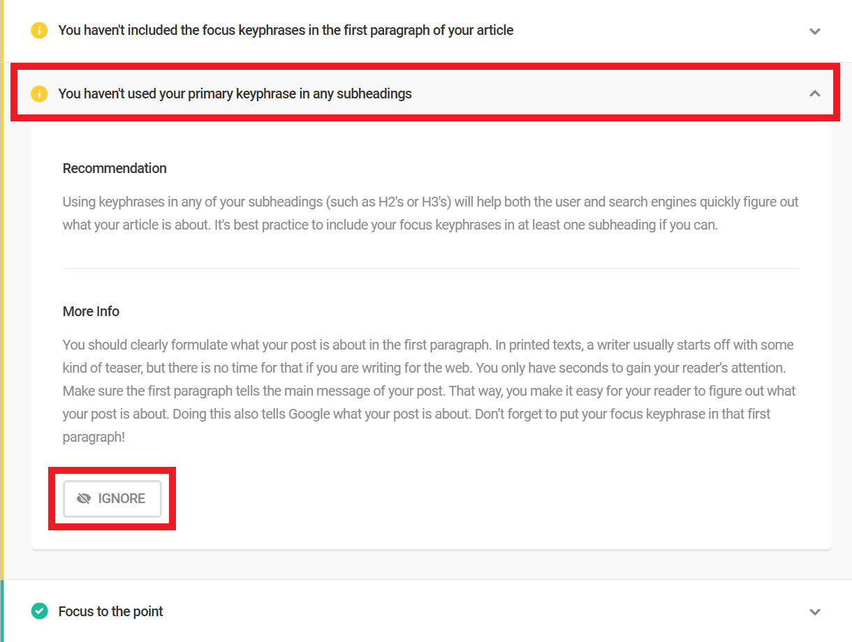 SmartCrawl in-post SEO analysis recommendation details