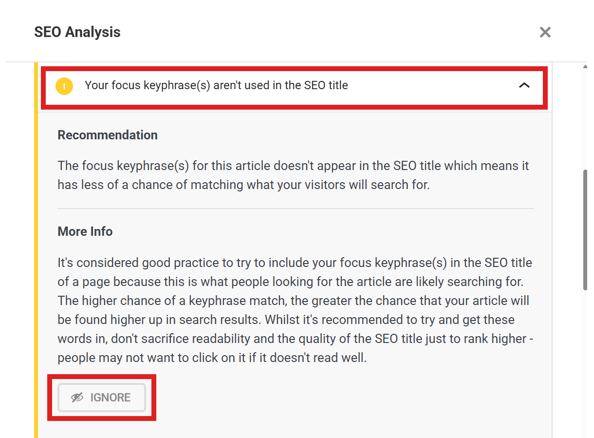 SmartCrawl in-post SEO analysis recommendation details