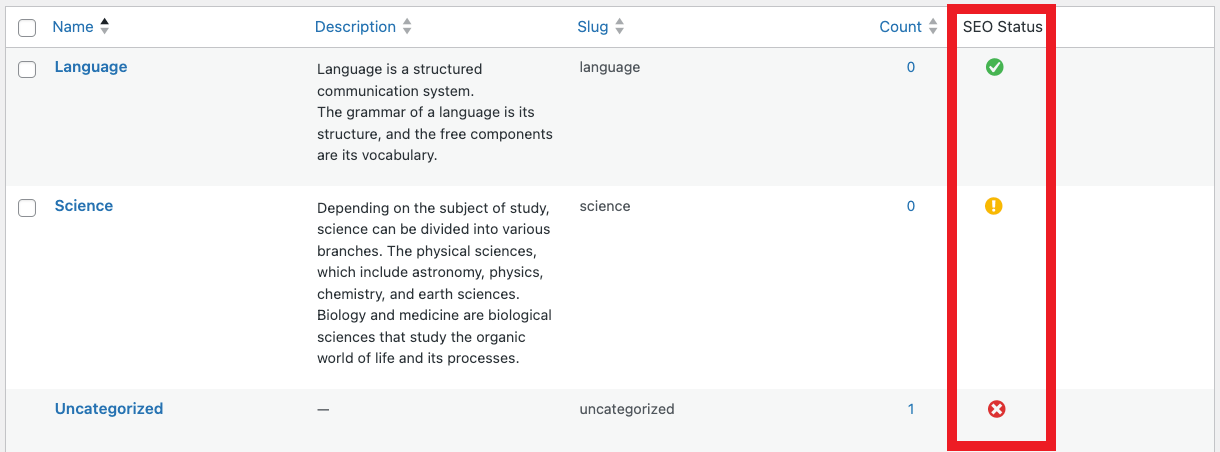 SEO status in taxonomies