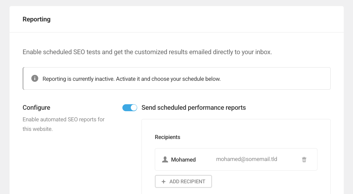 Enter SEO test report recipients