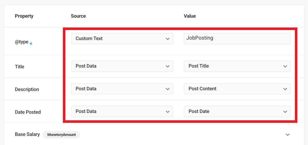 Setting the properties source and value fields