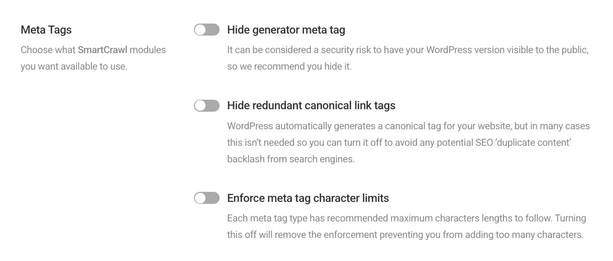 Meta tag options in SmartCrawl