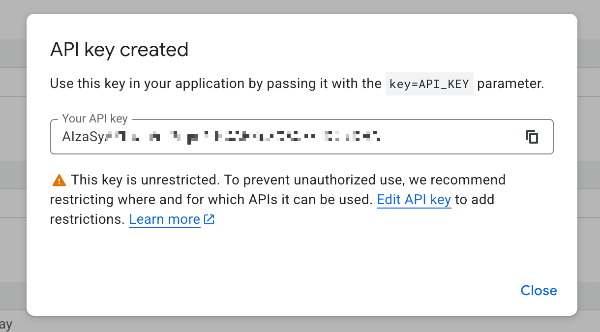 Copy API key from Google project
