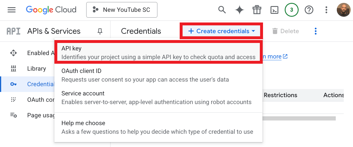 Create API key in Google project