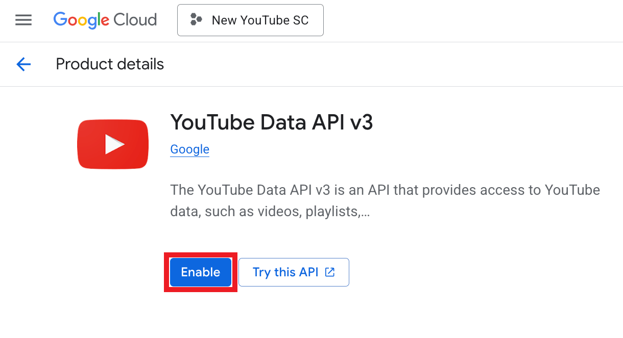 Enable YouTube Data API in Google project
