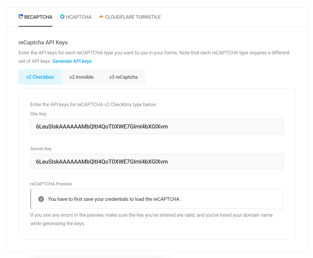 Adding site key and secret key