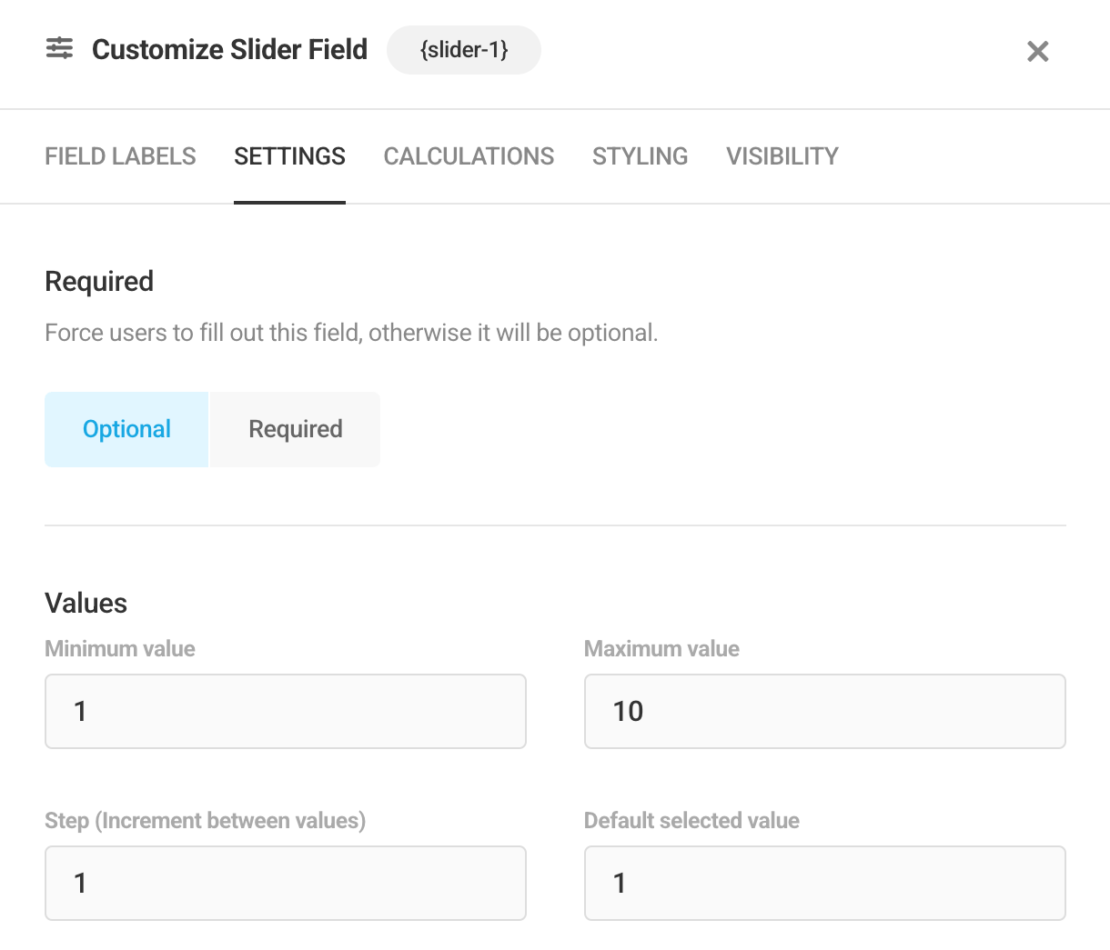 Slider settings