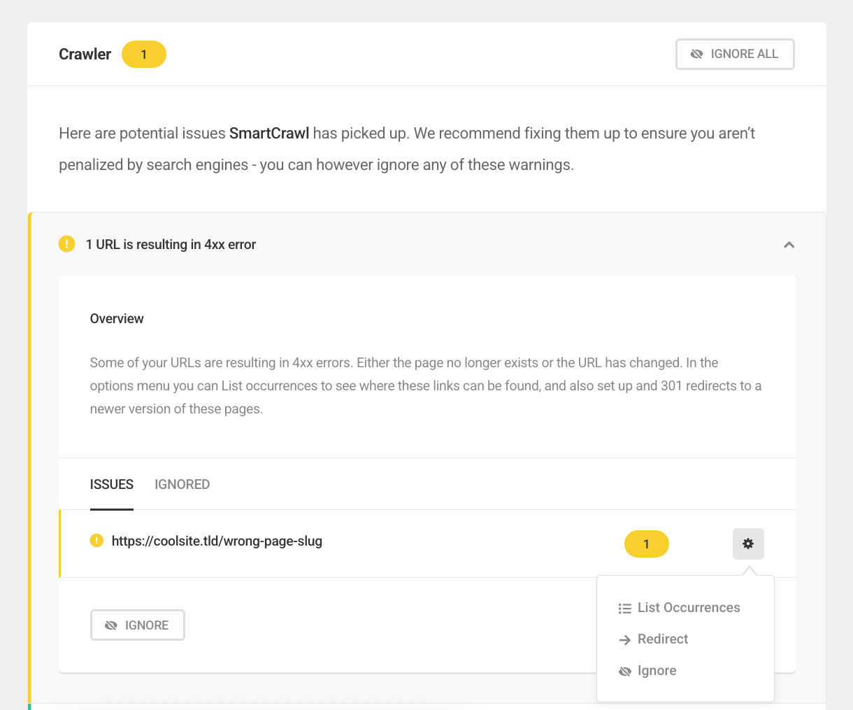 Crawler issue expanded with URL actions menu