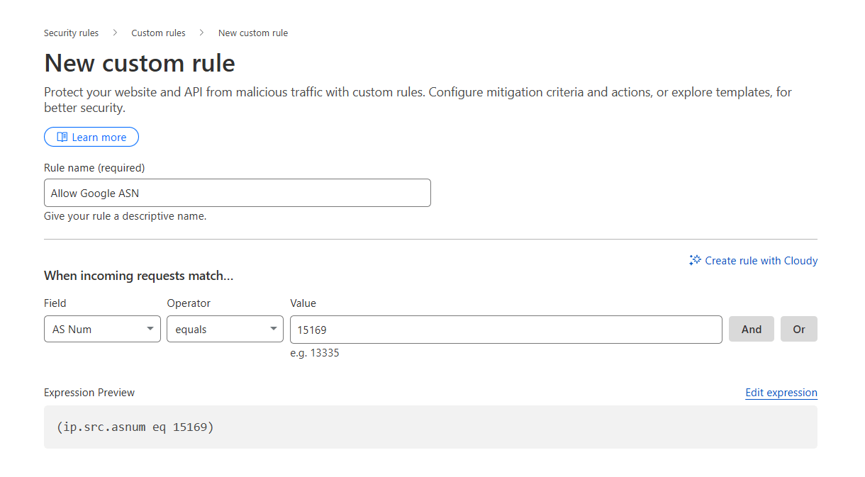 Allowlist Google ASN number at Cloudflare