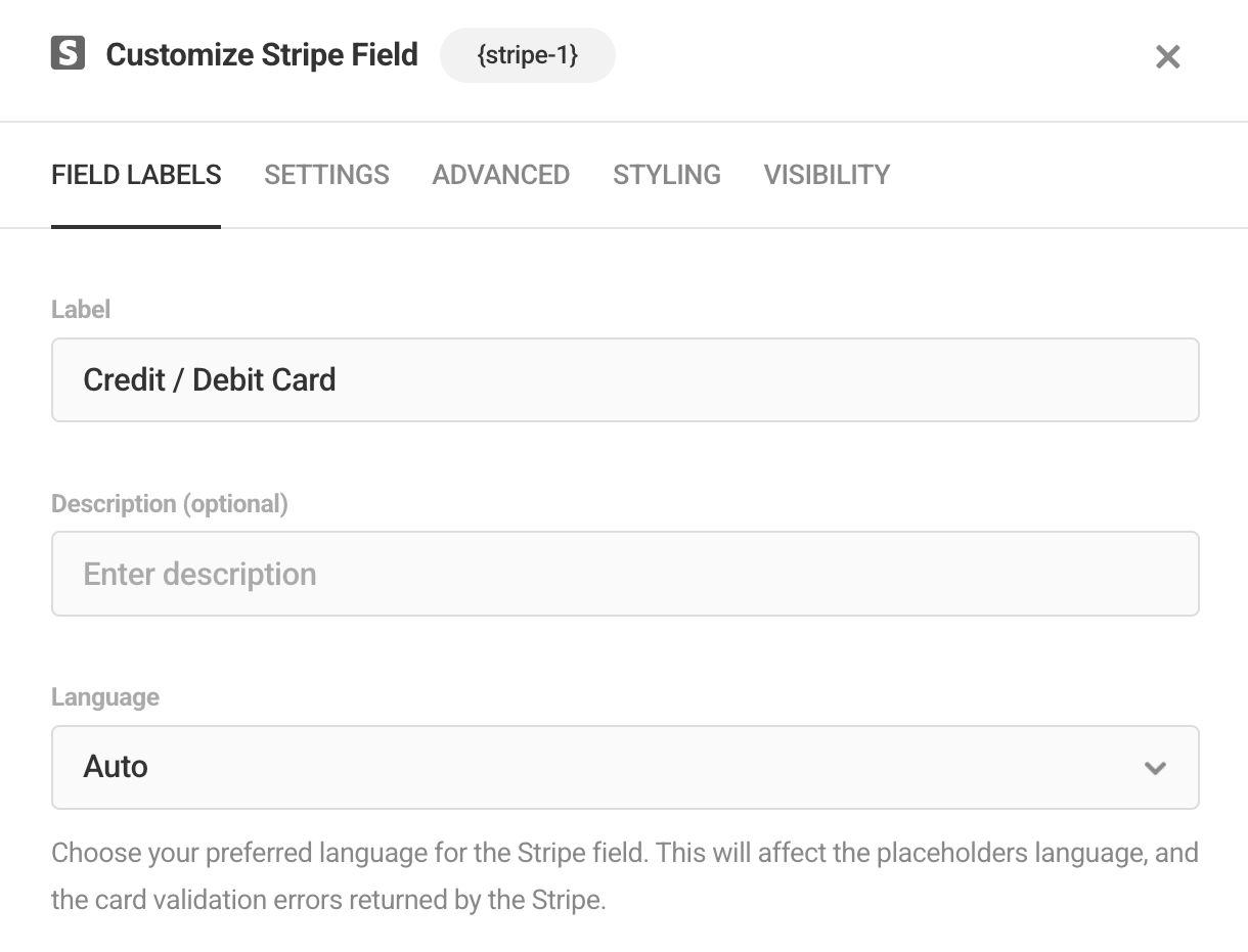 Edit Stripe field labels in Forminator