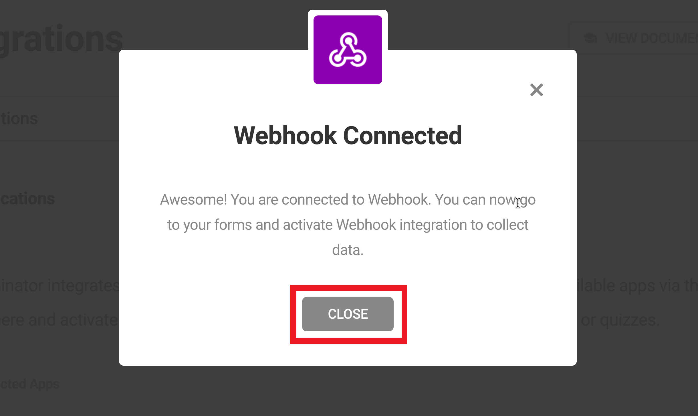 Webhook connected popup