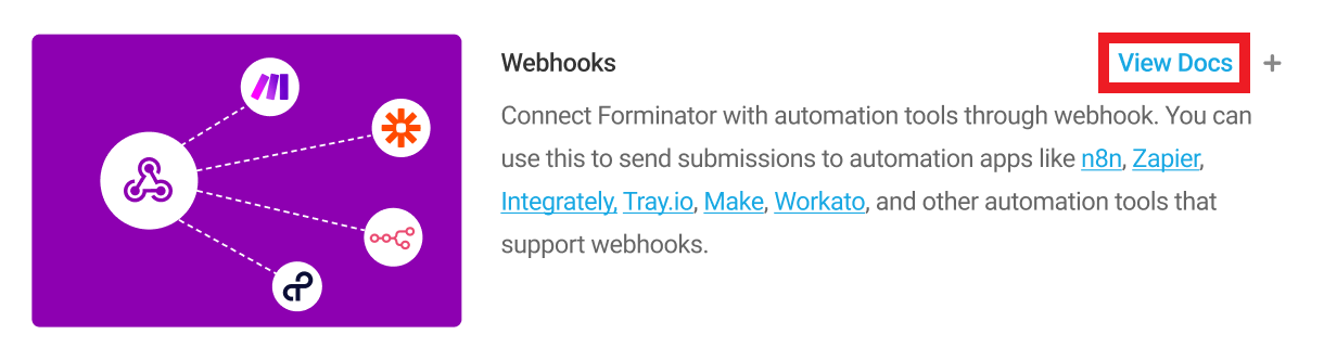 Click the plus icon to activate Webhook integration