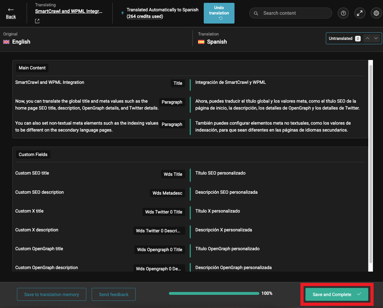 WPML's Advanced Translation Editor screen