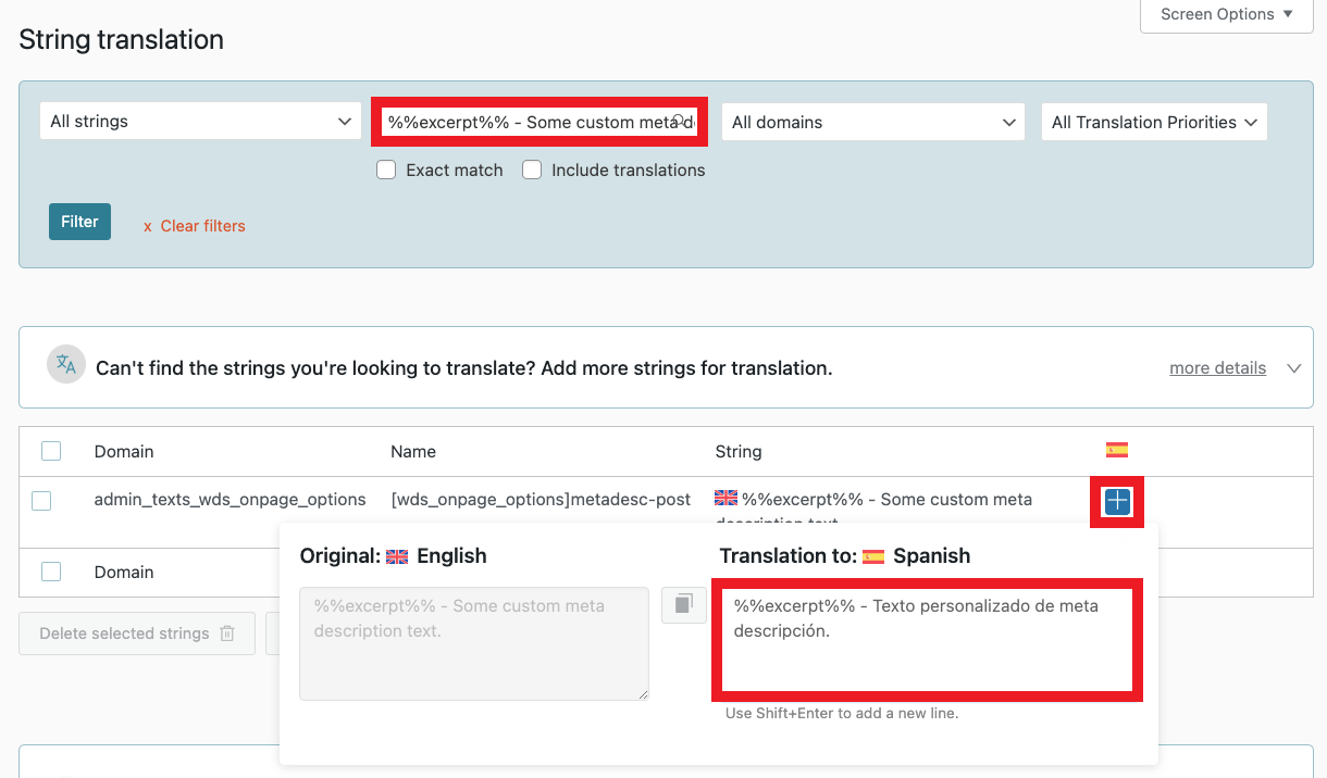 Translating global SEO text via WPML's String Translation screen