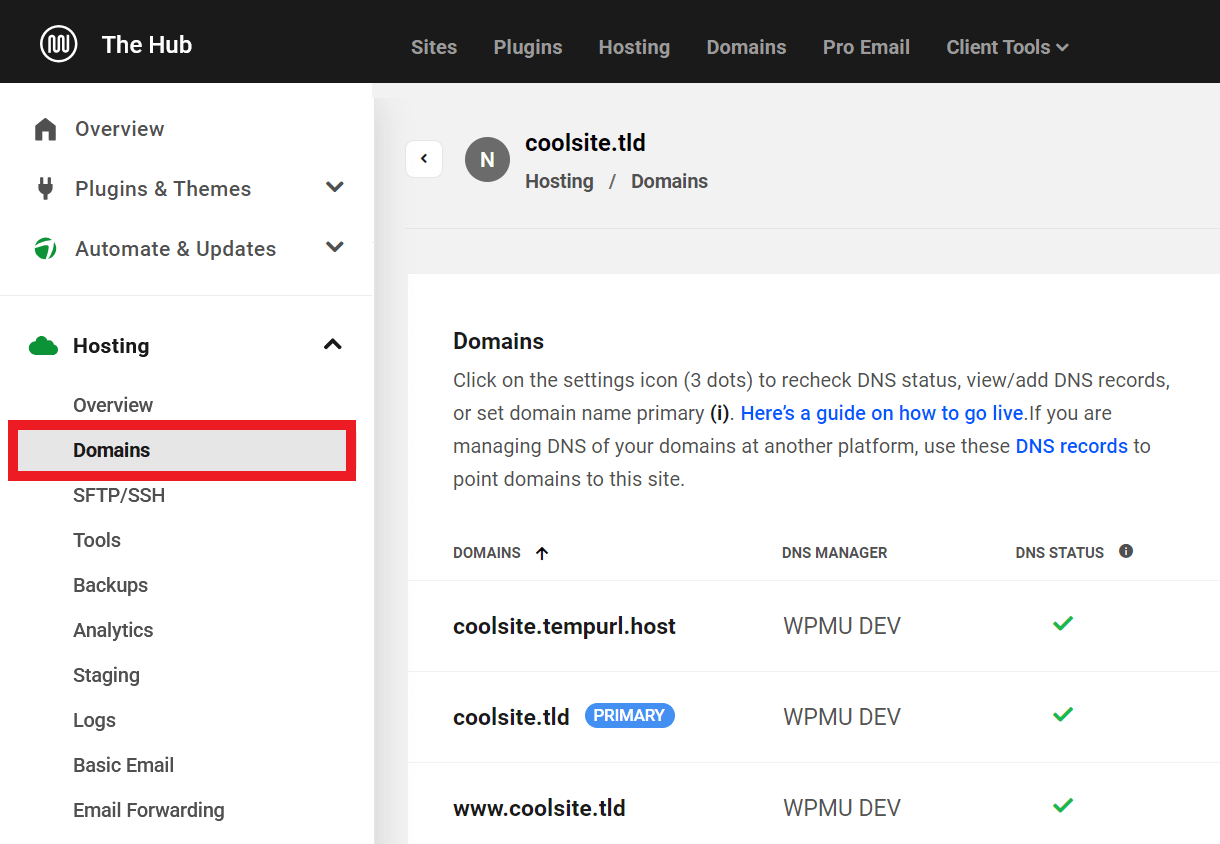 Domains options under the Hosting Category in the Hub