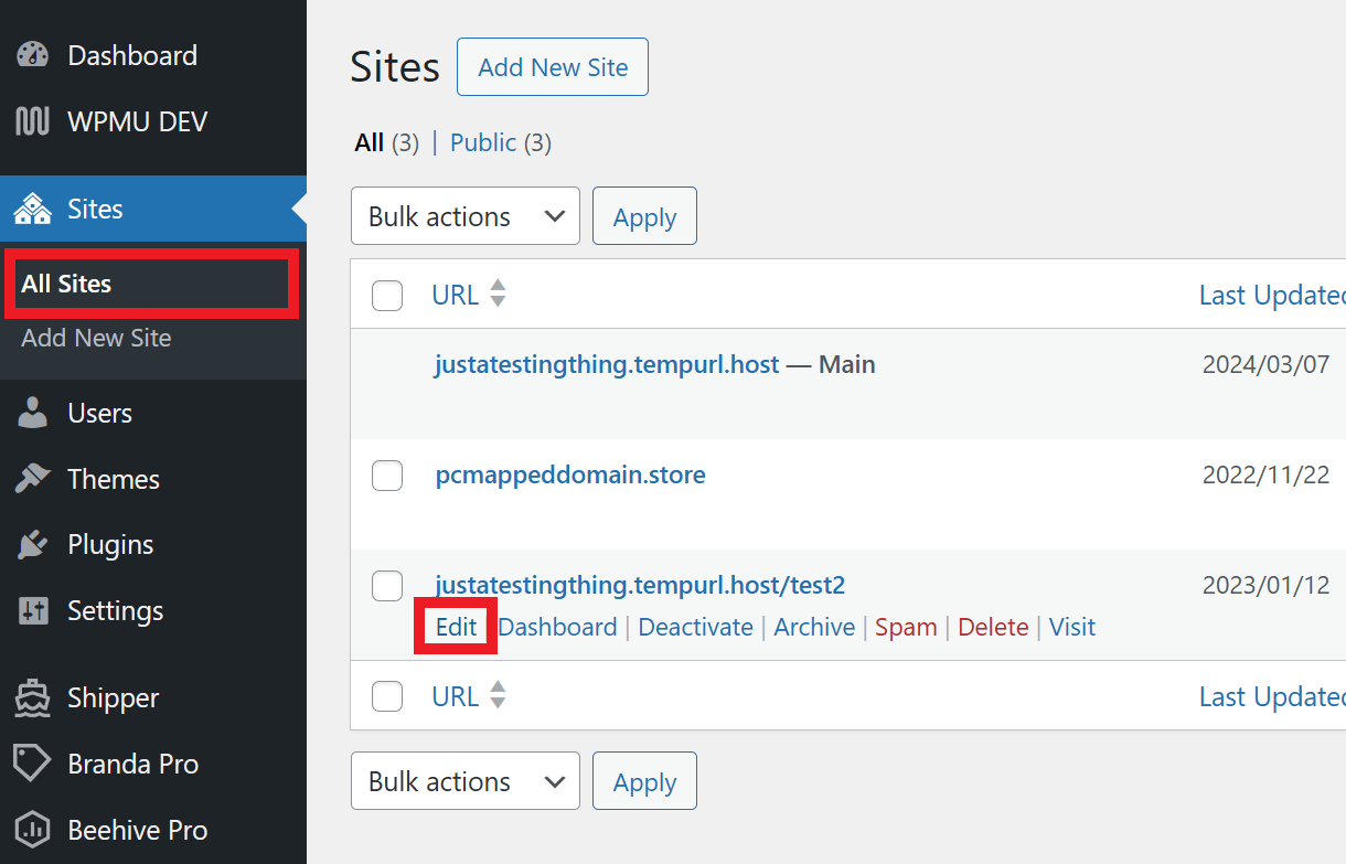 Edit Site Address in network admin