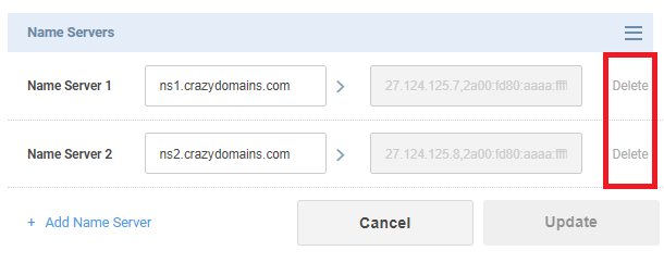 Deleting the existing name servers
