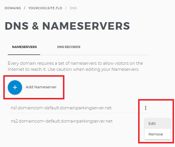 Edit nameservers at Domain.com