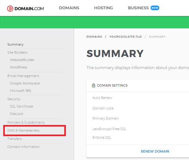 Edit nameservers at Domain.com