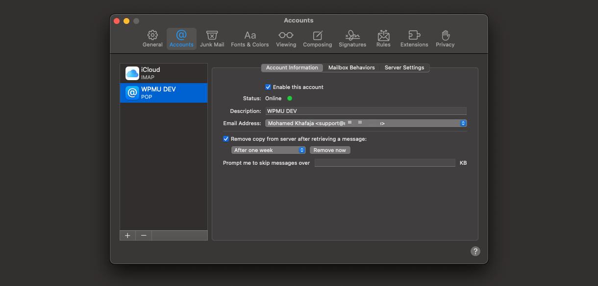 Apple Mail - Opzioni account (rimozione messaggi dal server)