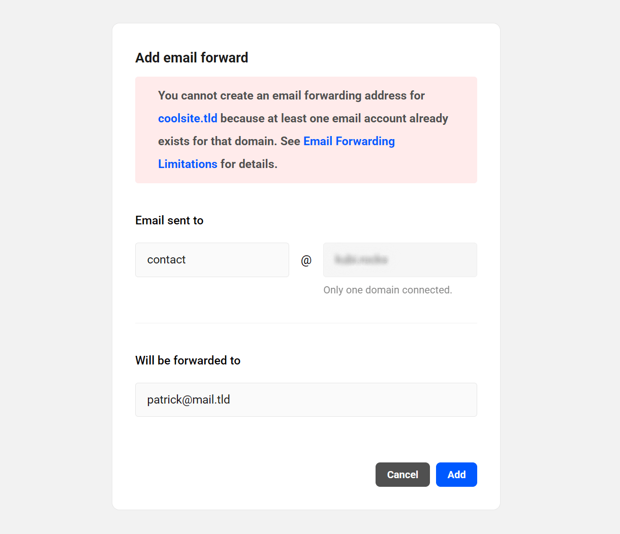 Notice when trying to create a forward where email account already exists