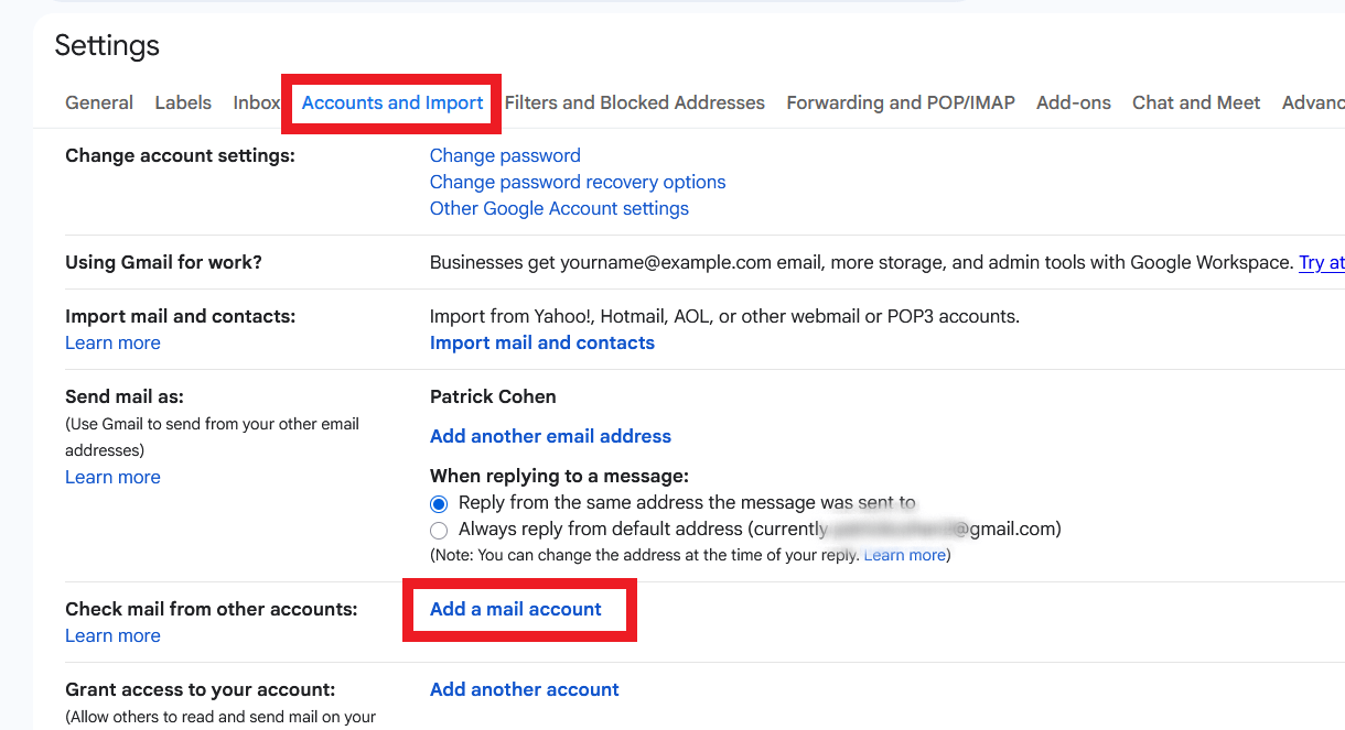 Add mail account to gmail
