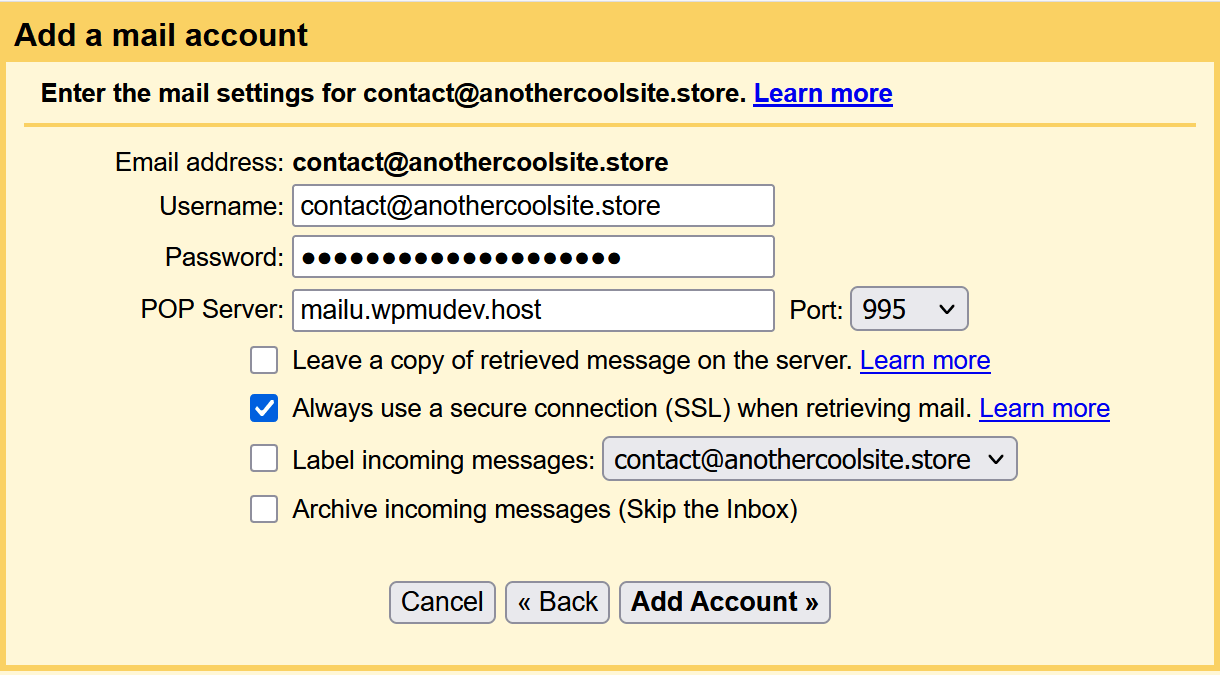 Enter credentials to add an email account in Gmail