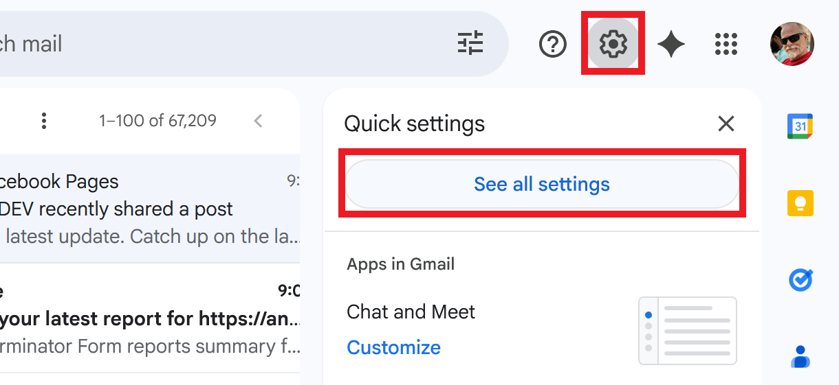 Settings menu in Gmail