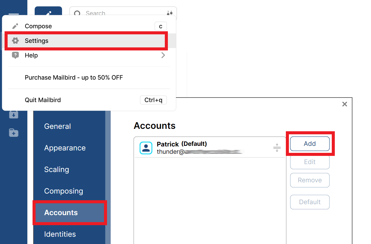 Add new account in Mailbird