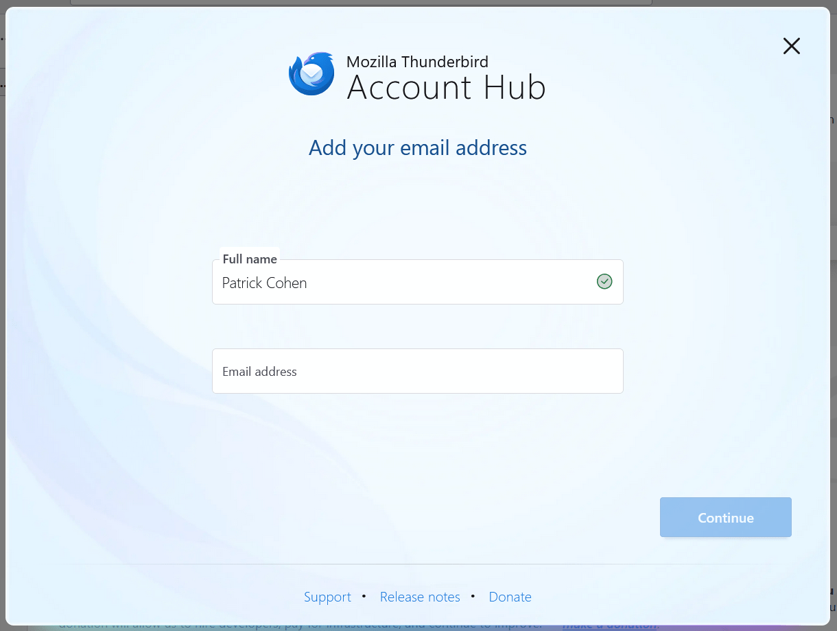 Enter email credentials to connect an account to Thunderbird